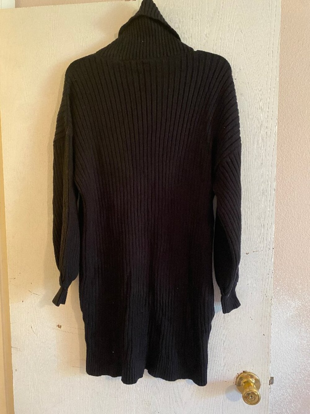 Med Black Ribbed Knit Sweater Dress Turtleneck Long Sleeve